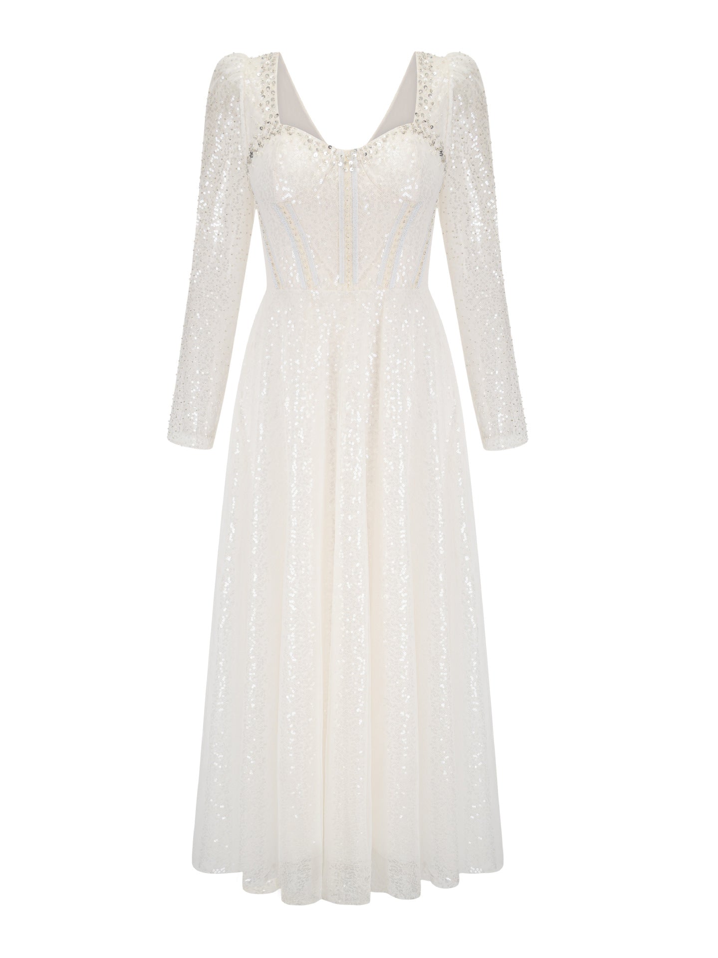 Elegant and Charming Dress with Beading, Sequins, and Tulle Skirt - Long Sleeve Formal Gown for Toasting and Adult Ceremonies