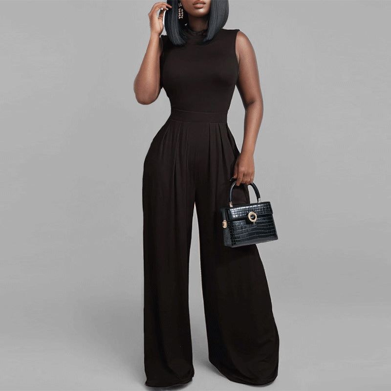 Long pants slim fit printed sleeveless women's jumpsuit