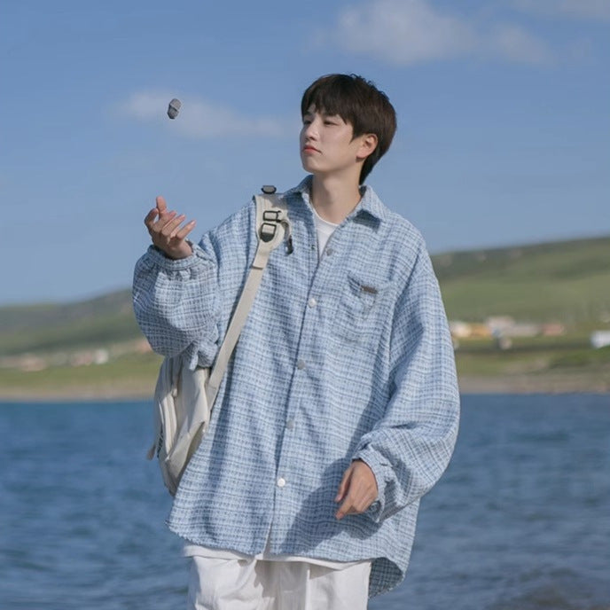 Checkered long sleeved shirt for men in spring and autumn