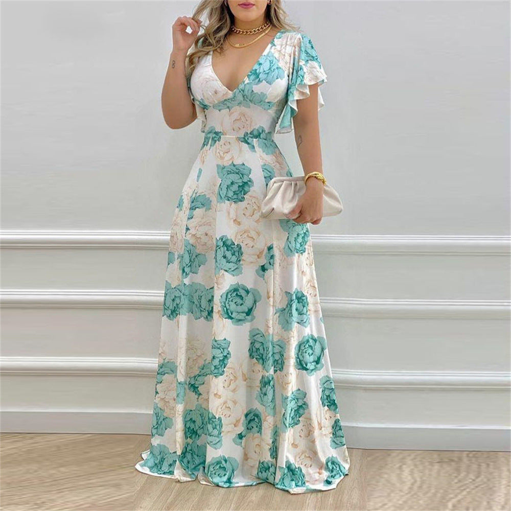 V-neck printed long sleeved dress with large swing and waist length