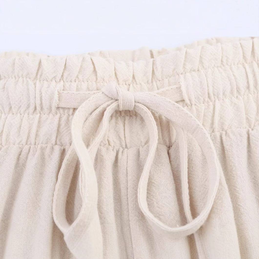 Elastic waistband embroidered embellishment wide leg casual pants for women
