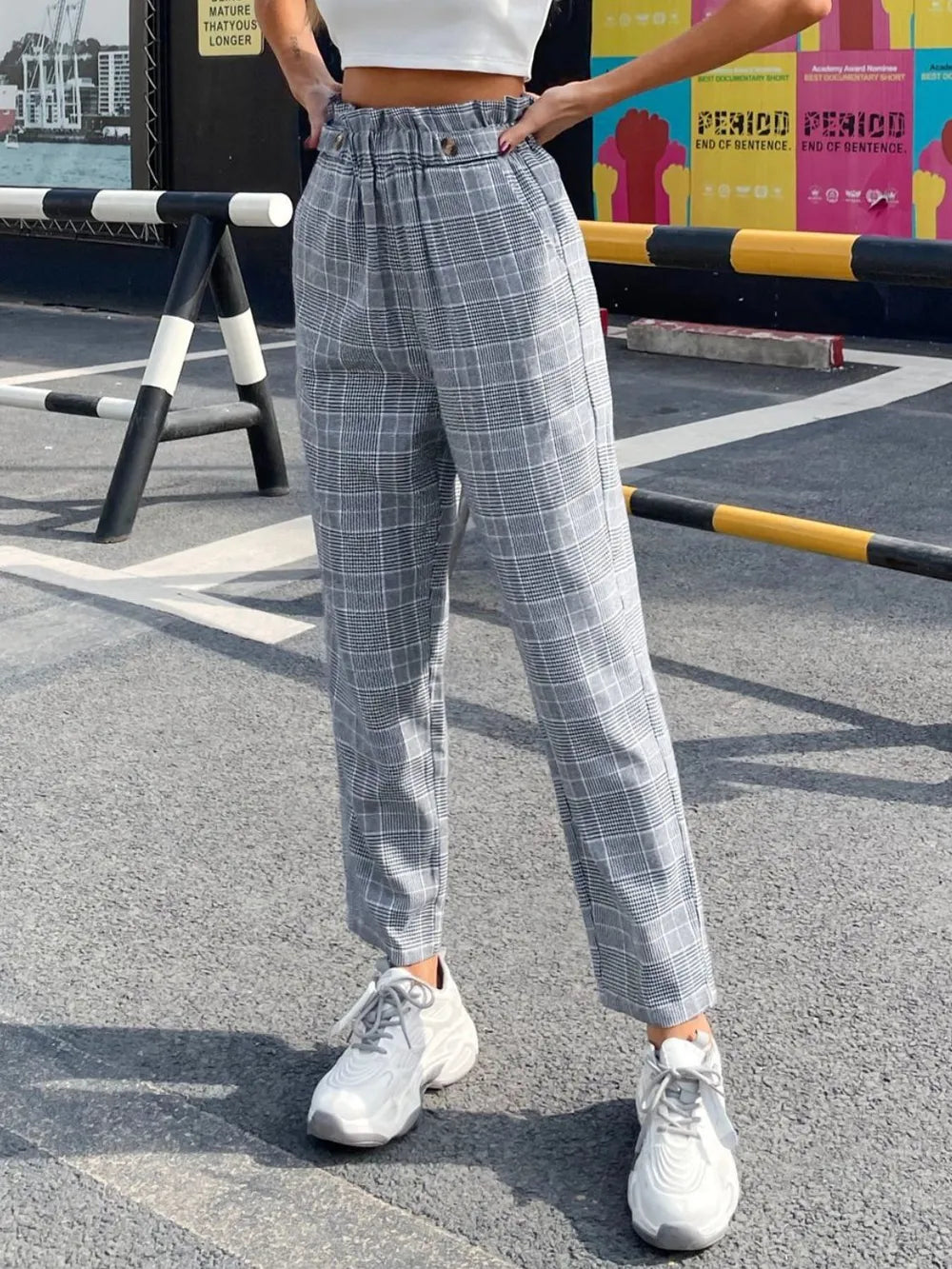 Fashionable temperament high waisted plaid straight leg pants