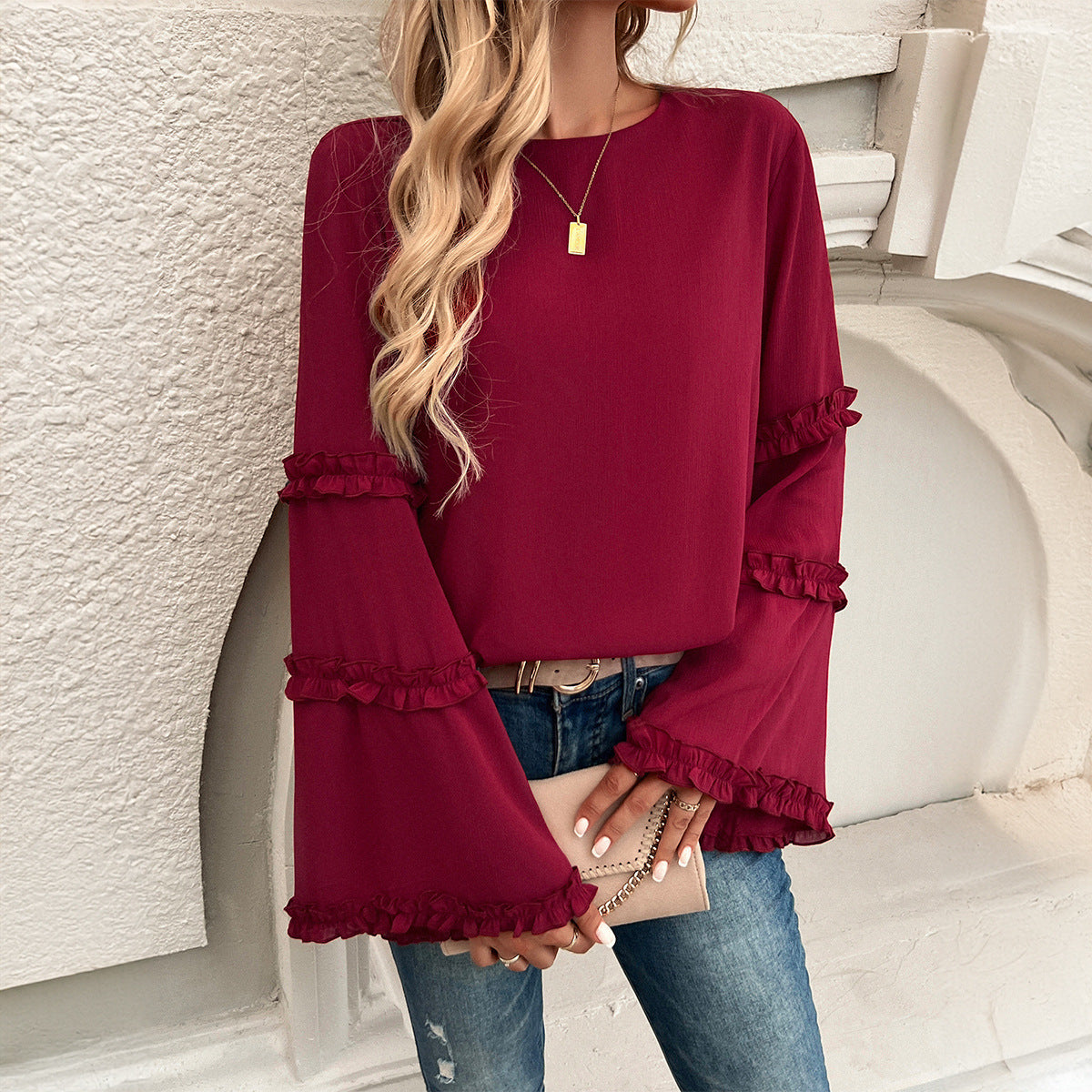 Autumn and winter new style European and American elegant socialite loose trumpet long sleeved top women's clothing