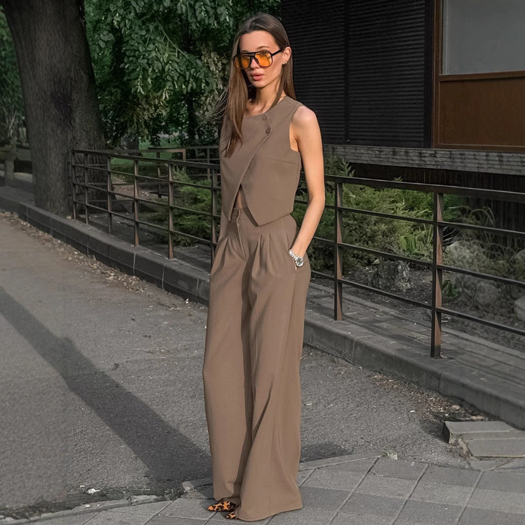 Fashion khaki vest long pants two-piece set for women