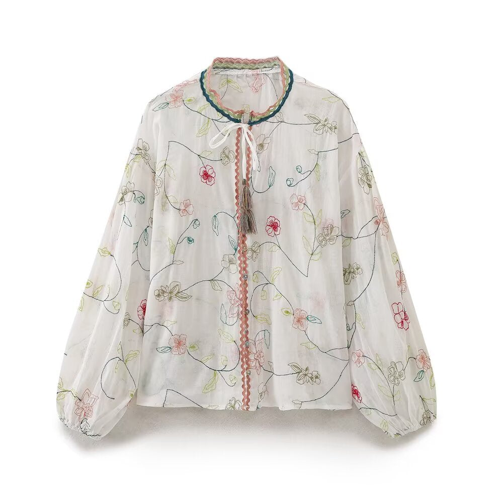 Flower Embroidered Loose Shirt+Flower Embroidered Half Skirt for Women