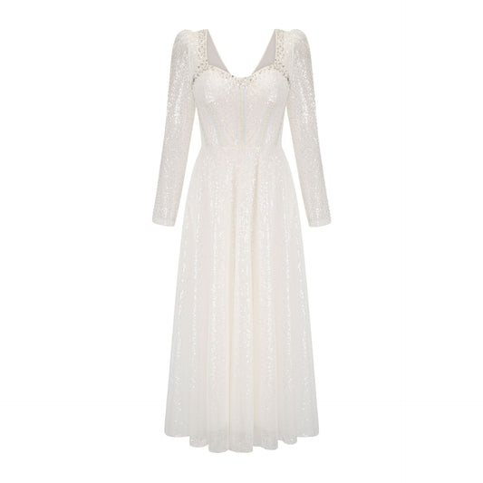 Elegant and Charming Dress with Beading, Sequins, and Tulle Skirt - Long Sleeve Formal Gown for Toasting and Adult Ceremonies