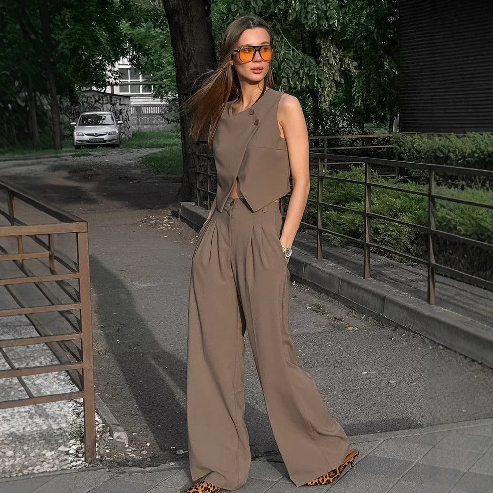 Fashion khaki vest long pants two-piece set for women