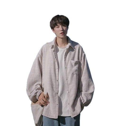 Checkered long sleeved shirt for men in spring and autumn