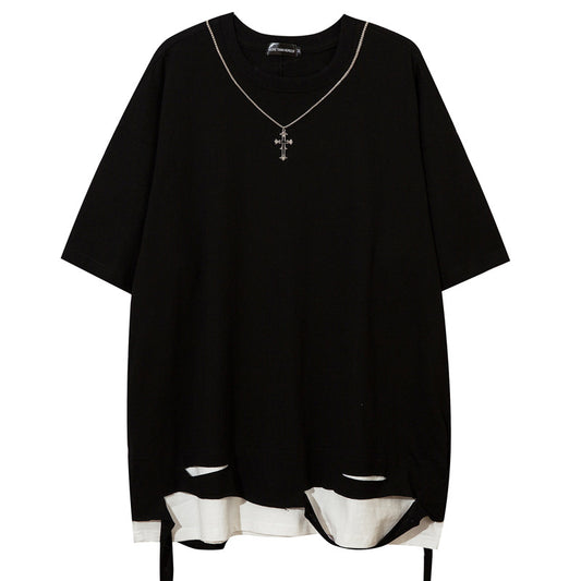 Men'sLoose Street Dance Fake Two-Piece Short Sleeve T-Shirt