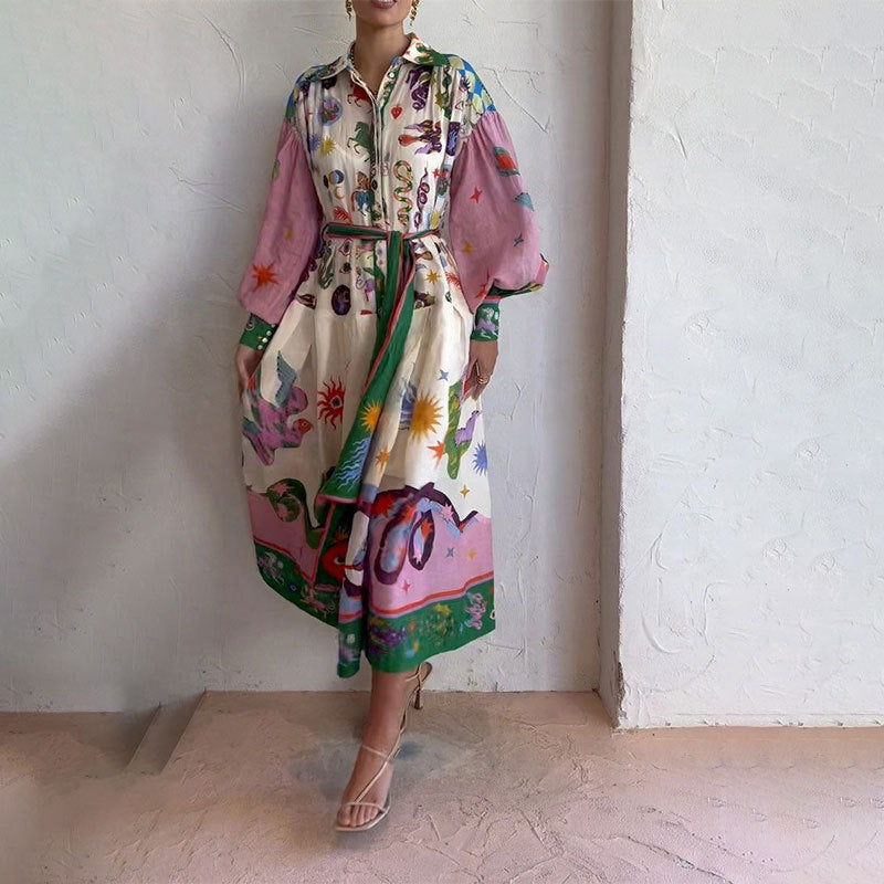 Lantern sleeve printed long sleeved dress with a lapel and waist cinched design