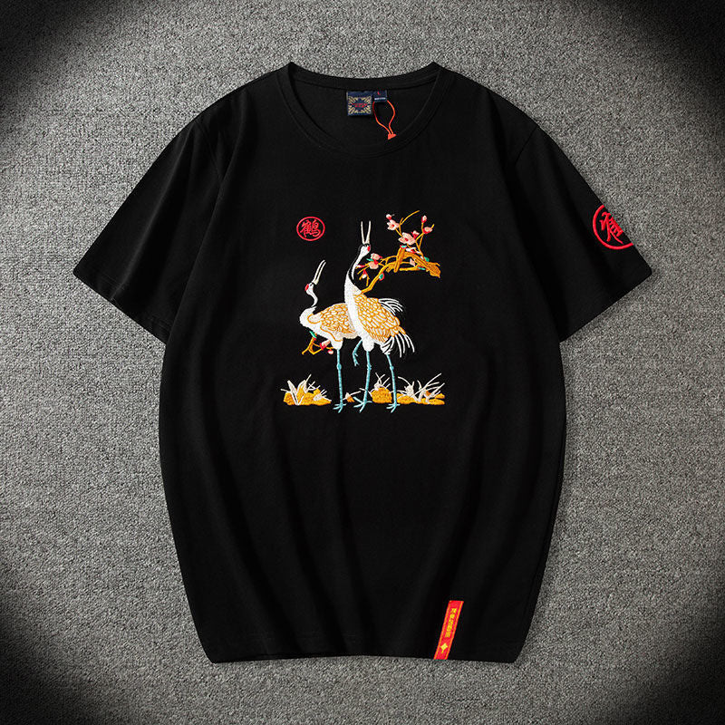 Spring casual men embroidered geometric pattern cotton pullover short sleeved fashion