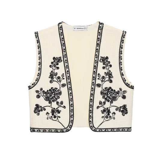Embroidered buttonless vest jacket for women