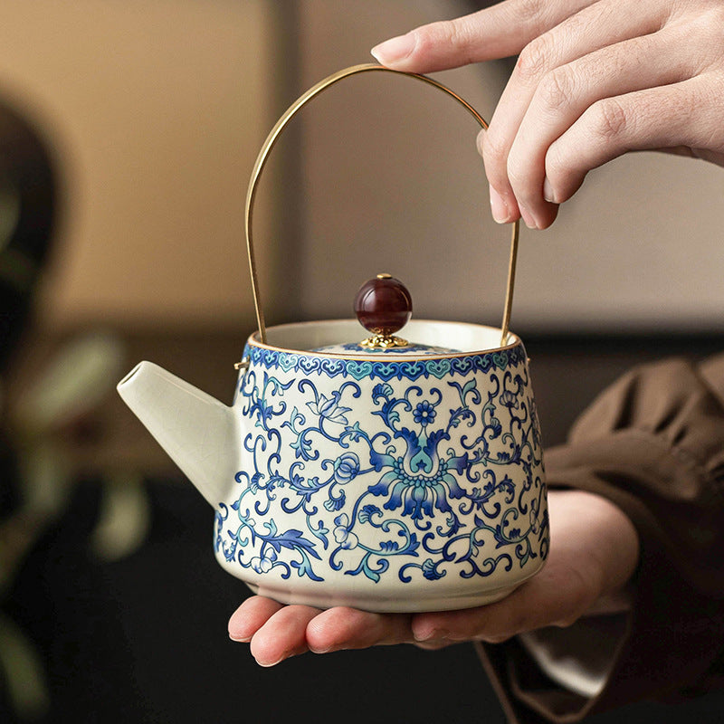 Ru Kiln Blue & White Teapot – Ceramic Luxury Gift Box for Elders, Home & Tea Lovers