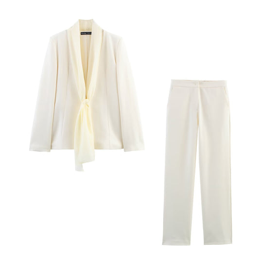 Thin scarf collar suit jacket+straight leg pants suit for women