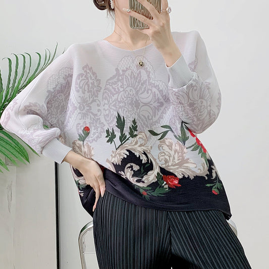 Anitrendy Pleated Printed Loose Fit Top – Women’s Floral Batwing Sleeve Blouse, Plus Size, Belly Covering, Relaxed Commuting Style