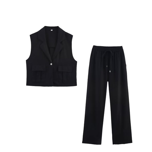 Vest style top+straight leg pants set for women