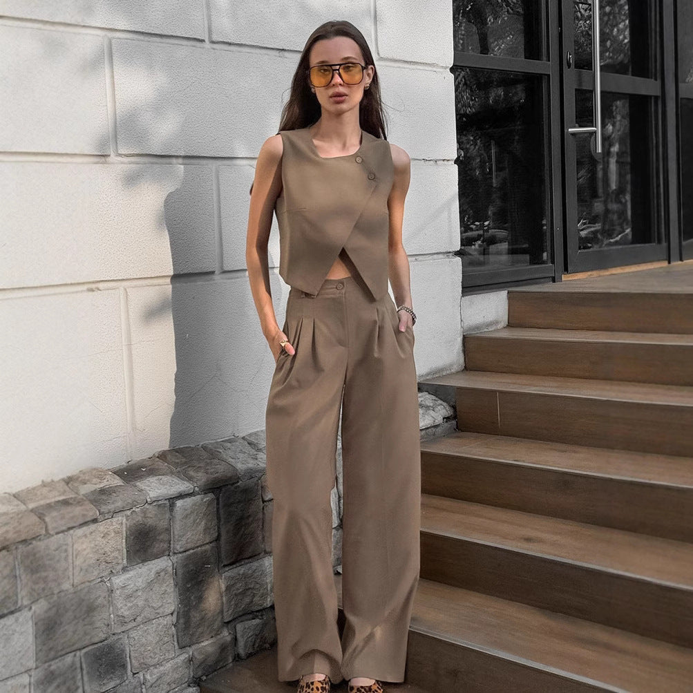 Fashion khaki vest long pants two-piece set for women