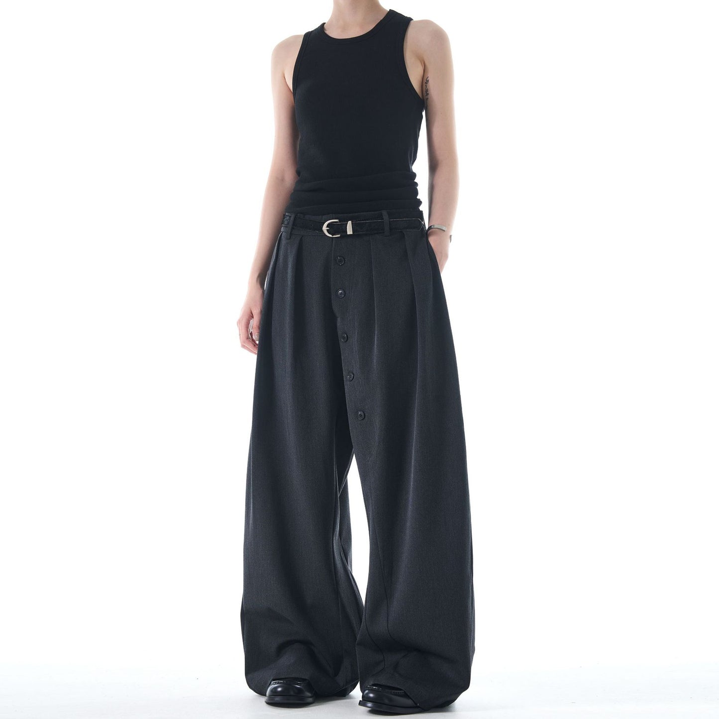 Button casual men's straight leg wide leg lazy dragging curved knife pants