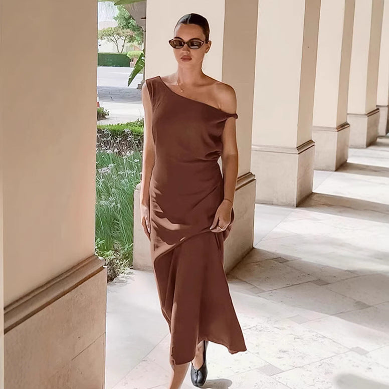 Off shoulder dress women's waist cinched diagonal collar cotton linen long skirt A-line skirt