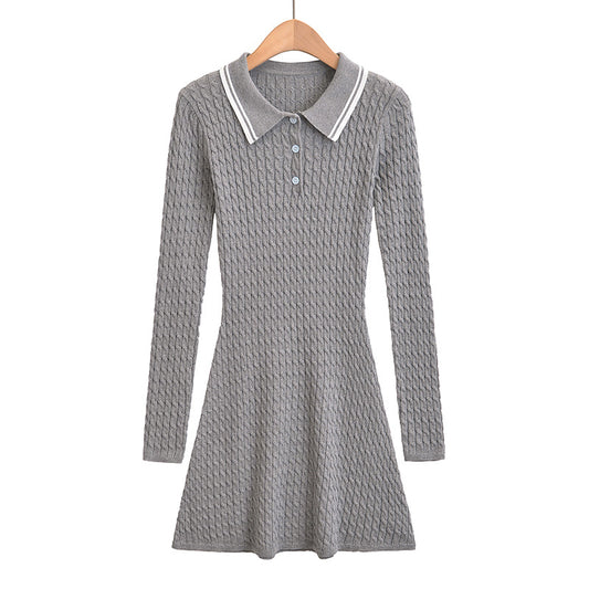 Women's polo collar button design, slim fit and waist cinching, spicy girl long sleeved knitted dress
