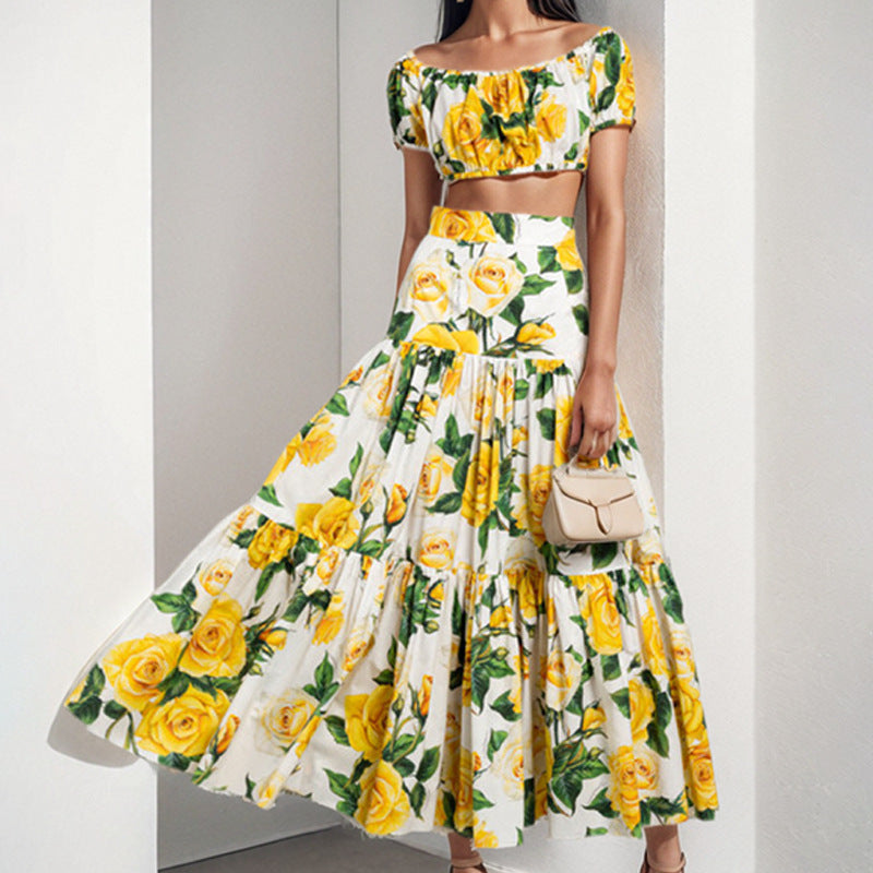 Anitrendy Elegant Yellow Floral Off-Shoulder Crop Top and High-Waist Long Skirt Two-Piece Set for Women S–3XL