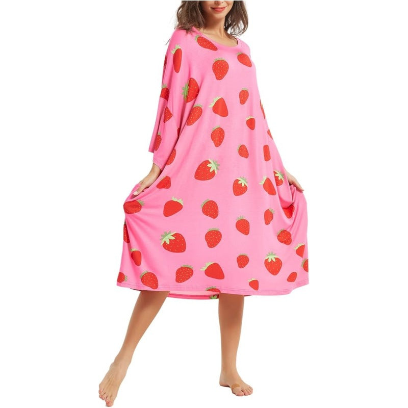 Women's nightgown home clothes T-shirt short sleeved printed pajamas nightgown with pockets