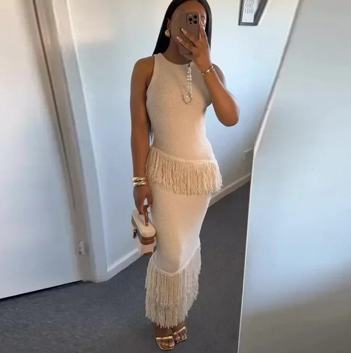 INS popular elegant tassel knitted irregular top and skirt set