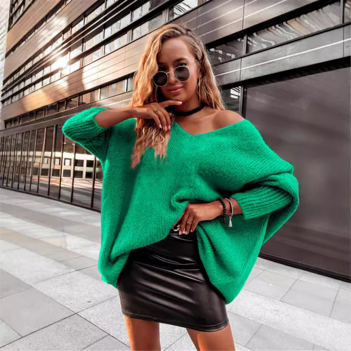 Loose bat shirt candy color V-neck off shoulder knit sweater casual sweater for women