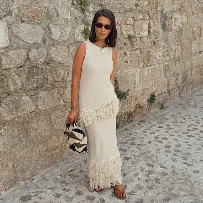 INS popular elegant tassel knitted irregular top and skirt set