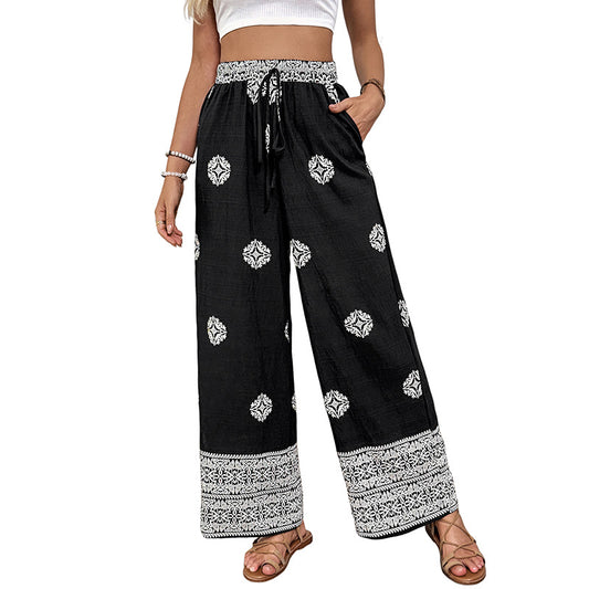 Ethnic style printed straight leg pants with elastic waistband and drawstring, casual and comfortable straight leg pants for women