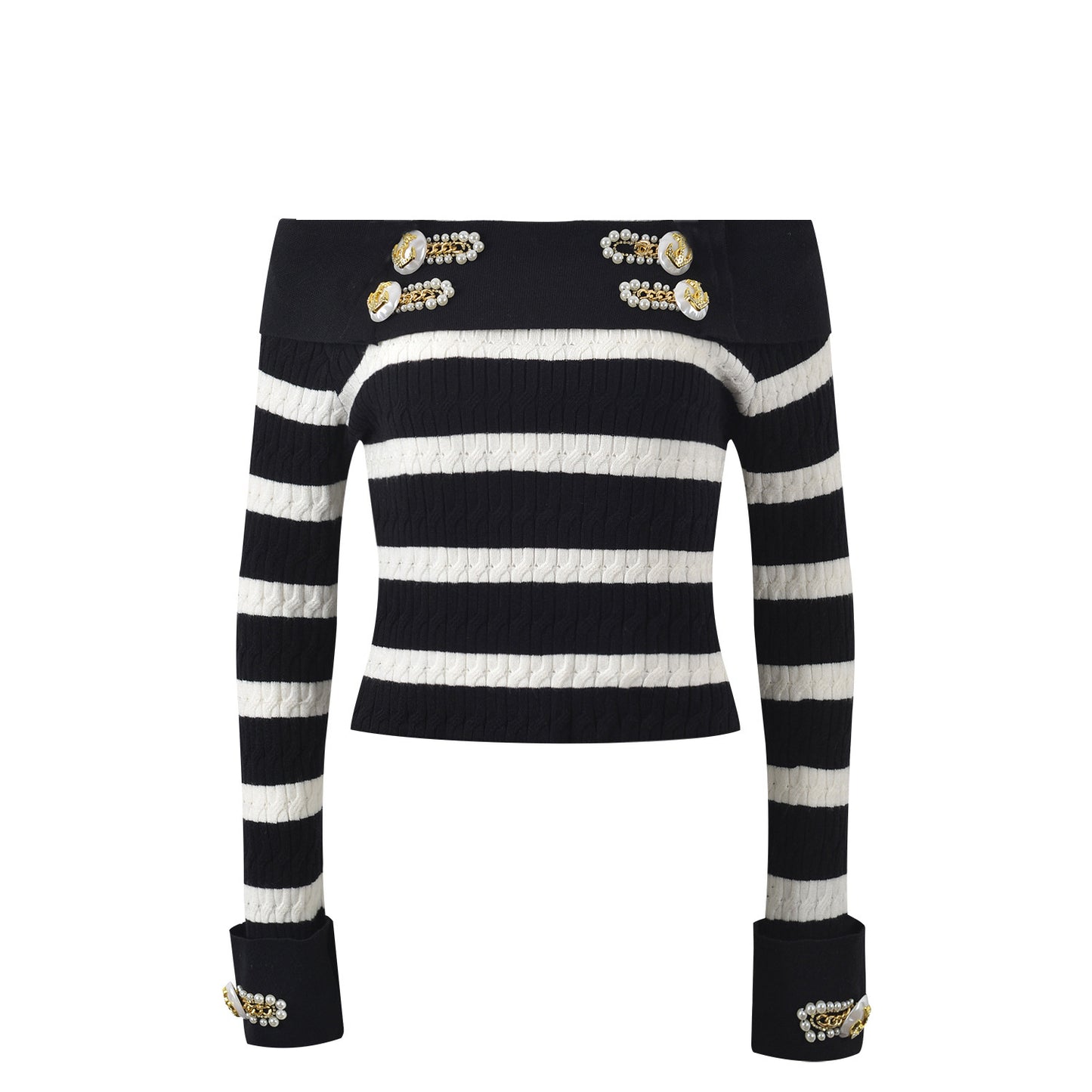 Rock Navy style shirt collar design nail bead buckle black and white striped off shoulder knit sweater