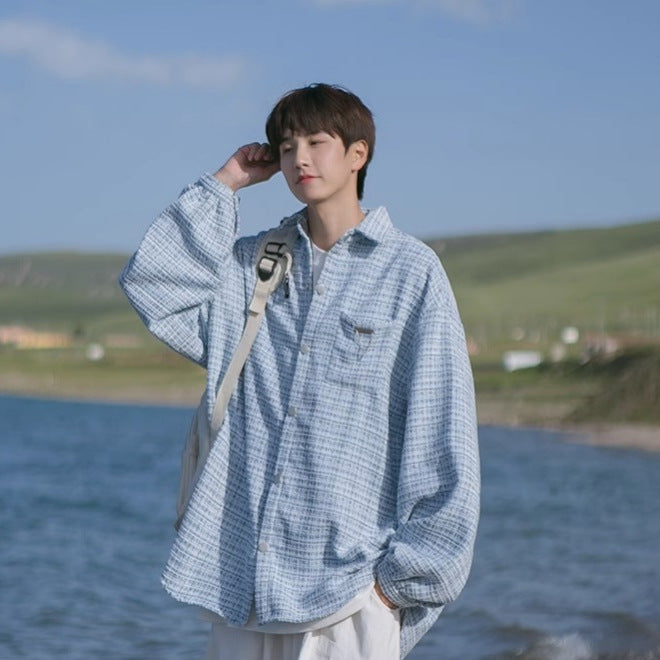 Checkered long sleeved shirt for men in spring and autumn