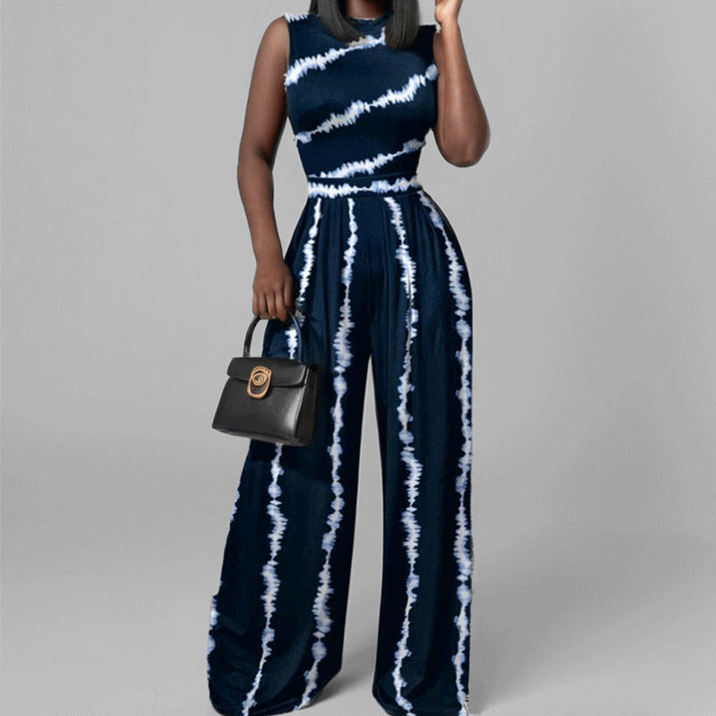 Long pants slim fit printed sleeveless women's jumpsuit