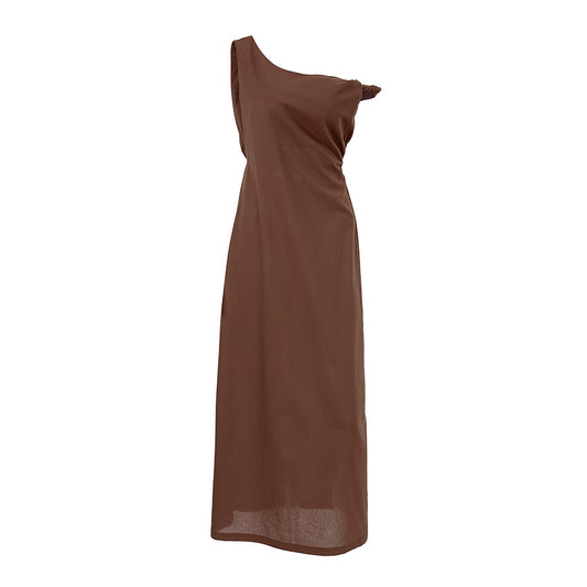 Off shoulder dress women's waist cinched diagonal collar cotton linen long skirt A-line skirt