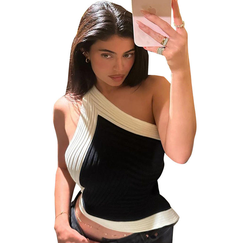 Anitrendy Asymmetrical One Shoulder Knit Top – Black and White Contrast Slim Fit Sleeveless Summer Vest for Women