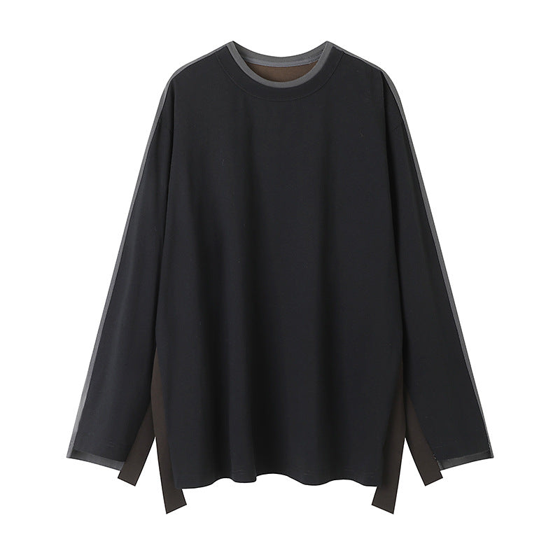 Women's simple and loose mid length T-shirt with contrasting color splicing and raglan sleeves top