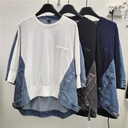 Retro style front short back long irregular patchwork denim design, round neck loose batball sleeve top for women