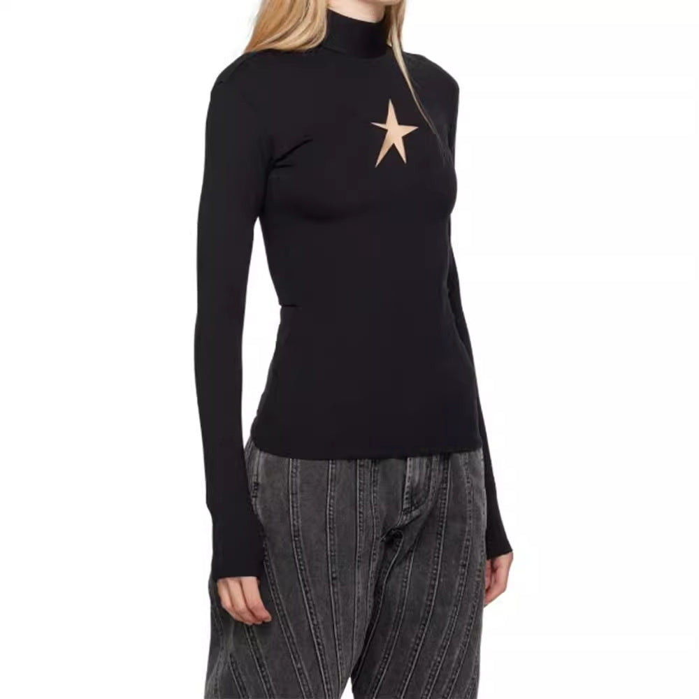 Hollow out pentagram base slim fit top for women with a high-end feel, autumn new style, niche design, casual top