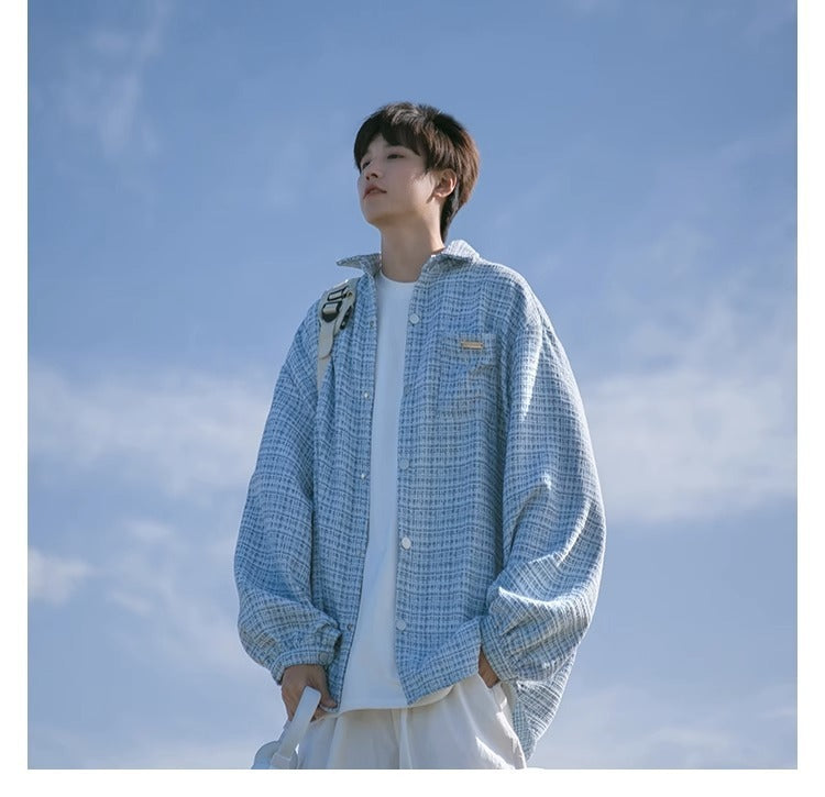 Checkered long sleeved shirt for men in spring and autumn