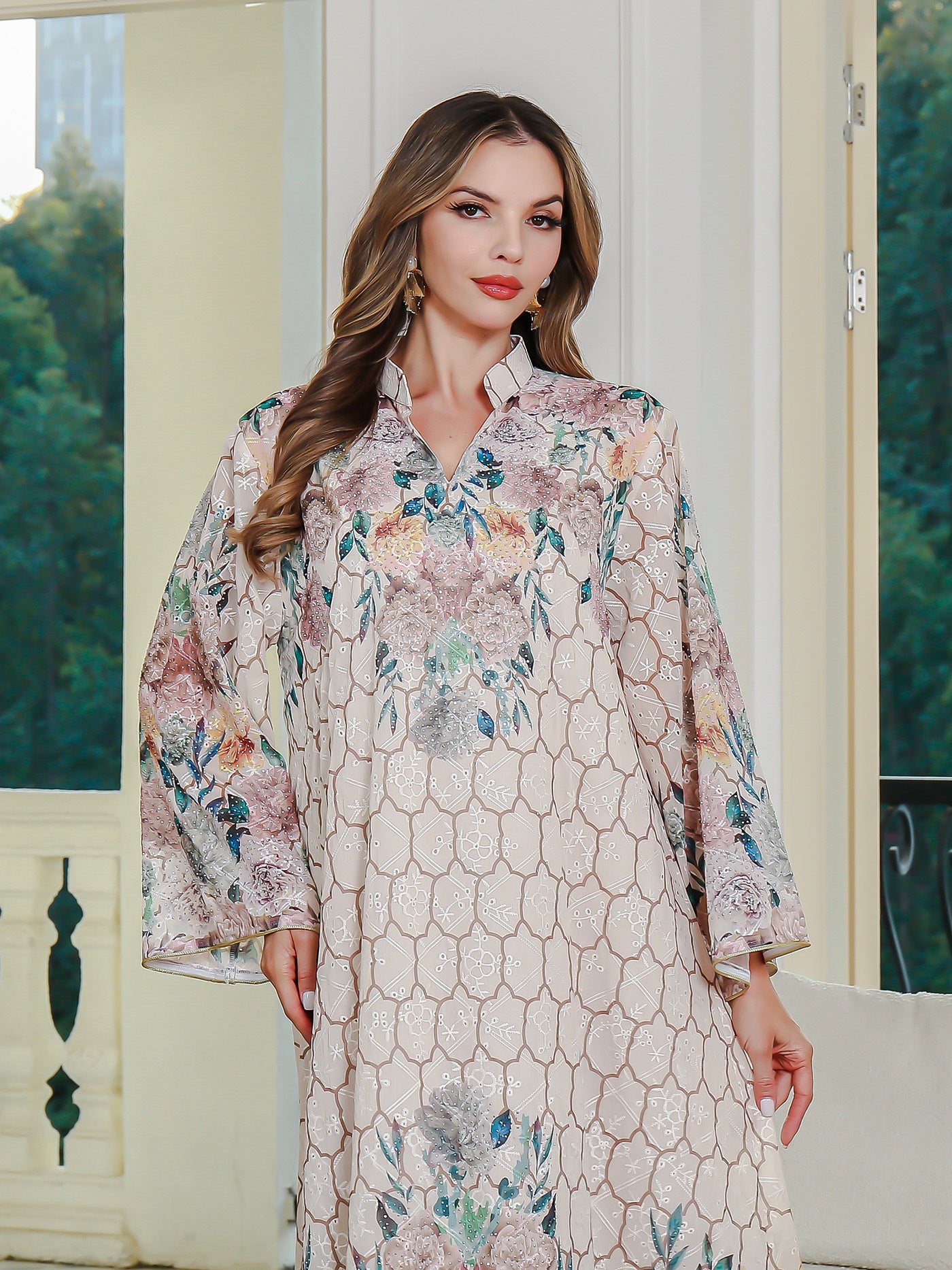 Elegant Embroidered Printed Muslim Long Dress Women's Clothing