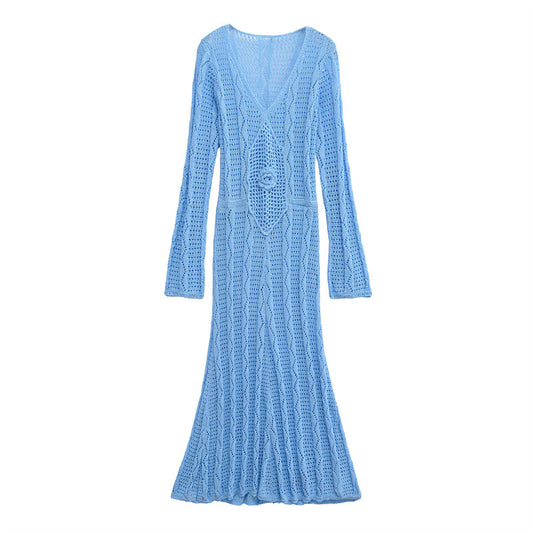 New women's clothing European and American fashion elegant temperament long sleeved V-neck knitted jumpsuit