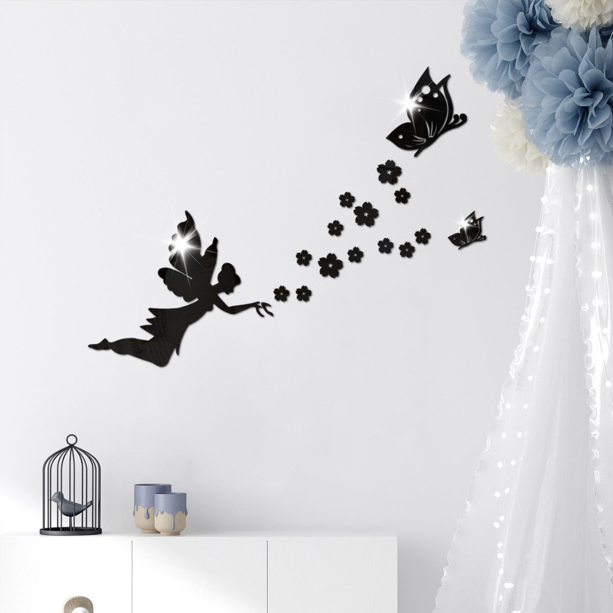 Angelic Flying Mirror Wall Stickers, Fairy Scattering Flowers Acrylic DIY Decorations for Living Room and Dining Room, New Arrival Butterfly and Flower Designs