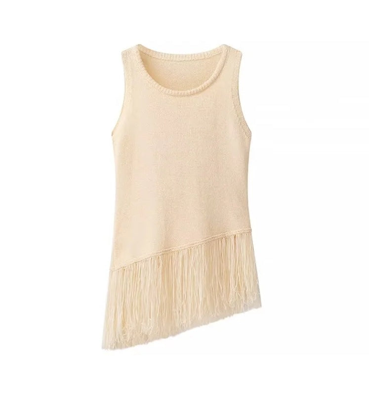 INS popular elegant tassel knitted irregular top and skirt set