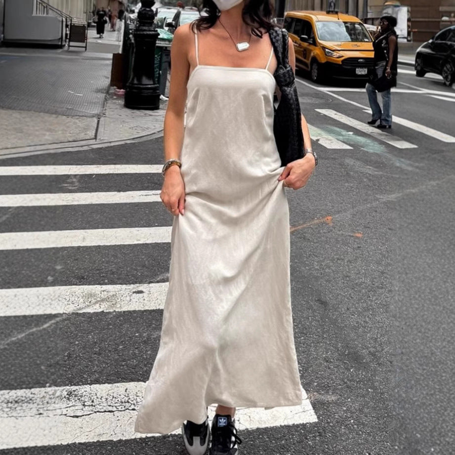 Khaki cotton linen camisole dress for women fashionable and loose A-line long skirt