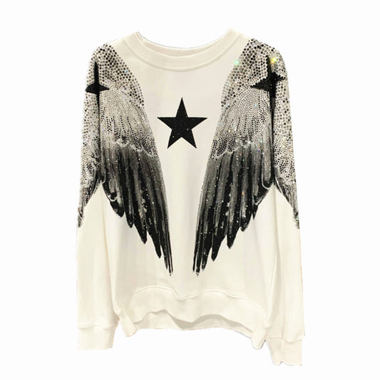 Autumn and winter luxury fashion hoodie for men and women, heavy-duty hot stamping, full diamond, large wings, wings, round neck pullover, couple style