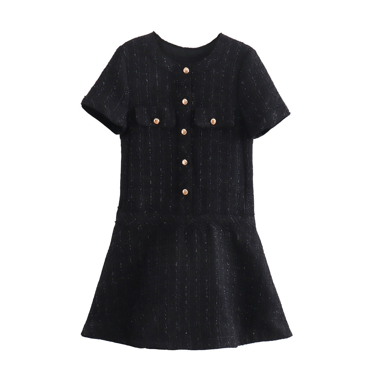 European and American round neck casual woolen button pocket decoration short sleeved dress short skirt for women