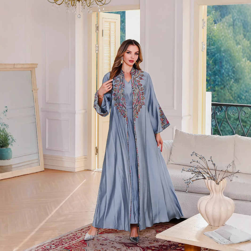 Muslim Embroidered Long Robe Middle Eastern Clothing Abaya Luxury Evening Dress Two-Piece Dress