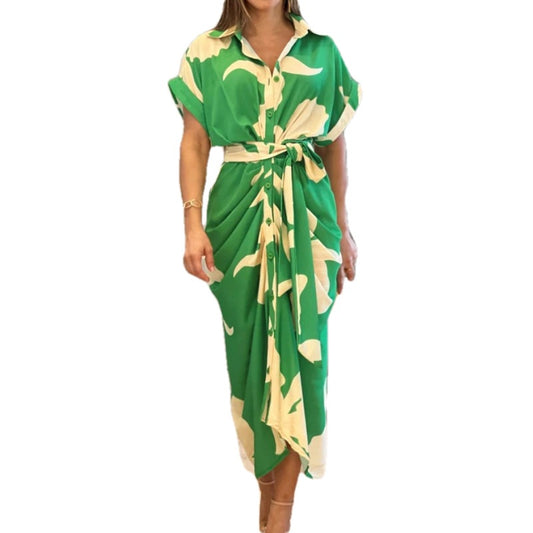 Anitrendy Floral Print Short-Sleeve Belted Shirt Dress – Elegant High-Waist Midi Dress for Women, Single-Breasted Design, S–3XL