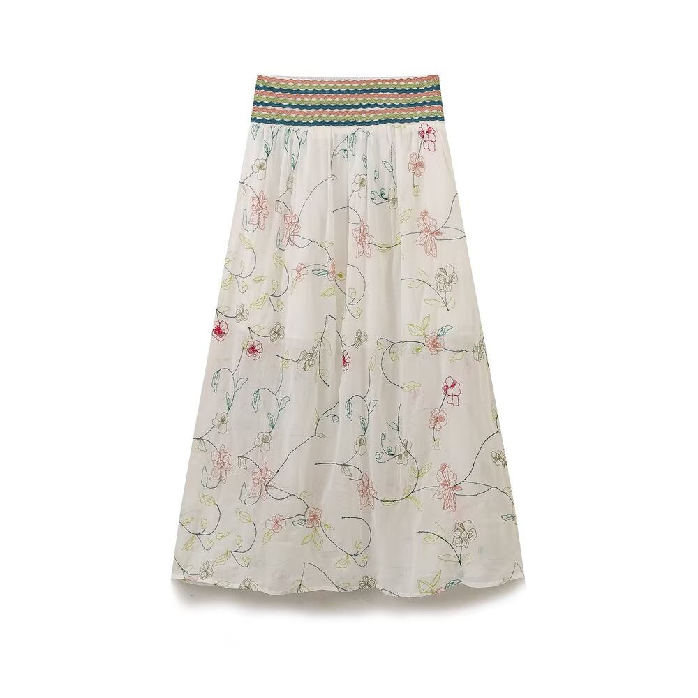 Flower Embroidered Loose Shirt+Flower Embroidered Half Skirt for Women
