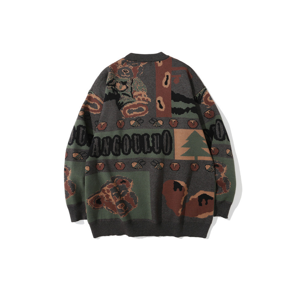 Retro Jacquard Knitted Sweater Men's Loose Round Neck Color blocked Knitted Sweater Long Sleeve